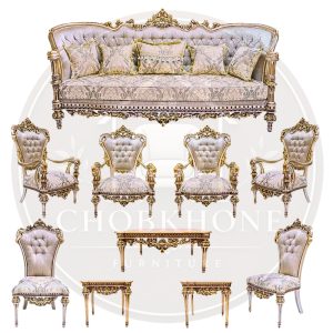 مبل استیل ست 7 نفره و 9 نفره چوب‌خونه با روکش پارچه و پایه چوب کد 01